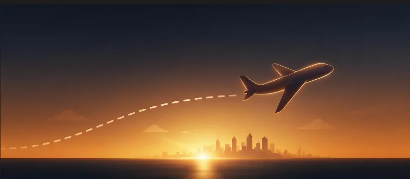 Illustration of an aeroplane taking off over a city skyline at sunset