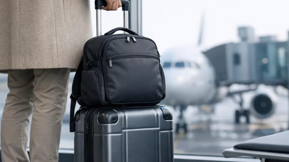A small hard-shell suitcase with a black backpack on top, beside an airport window with a plane at the gate